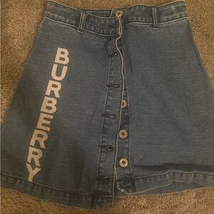 Burberry Blue Denim A-Line Button-Front Skirt with White Logo